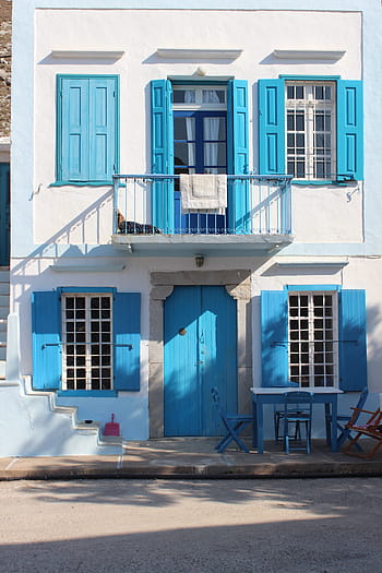 architecture, house, window, facade, building, balcony, door, old, blue, greece