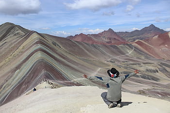 man, spreading, arms, top, mountain, vinicunca, rainbow, adventure, andes, cusco, cuzco