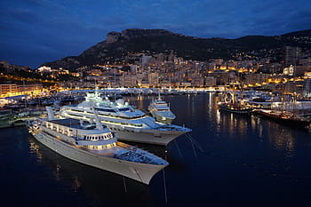 zwei, Kreuzfahrtschiffe, Dock, Stadt, gedreht, Beleuchtung, Yacht, Monaco, Hafen, Schiffe, Mittelmeer