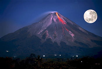 volcano eruption, night, volcano, erupting, full moon, mountain, mt merapi, indonesia, eruption, lava, flow