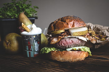 hamburger, hrušky, slanina, Lahodné, hovězí, maso, dřevo, jídlo, svěžest, zeleniny, gurmán