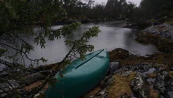 green, canoe, body, water, daytime, lake, rocks, coast, trees, plant, nature