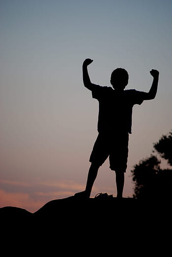 stilettos, boy, standing, silhouette, victory, child, fun, people silhouette, sunset, children silhouette, active