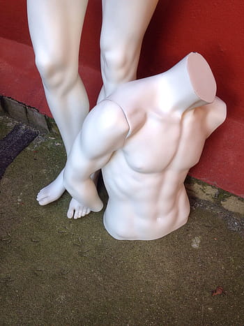 torso mannequin, floor, display dummy, doll, headless, legs, feet, upper body, broken