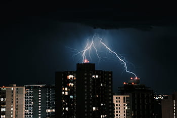 lightning, striking, buildings, nighttime, high, rise, building, architecture, structure, city, lights