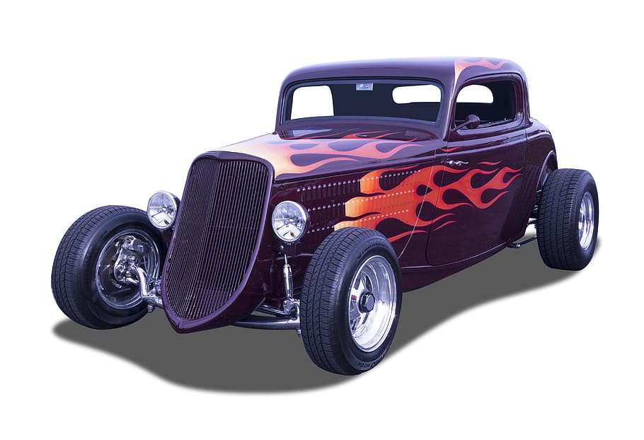 Historické auto, bílé pozadí, hot rod, oranžová barva, antický, přeprava, automobil, brod, vinobraní, plameny, otevřená kola