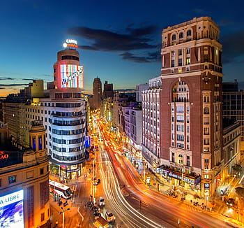 časosběrné fotografie, vozy, kolem, silnice, beton, budov, Madrid, plaza del callao, Španělsko, gran vía, město