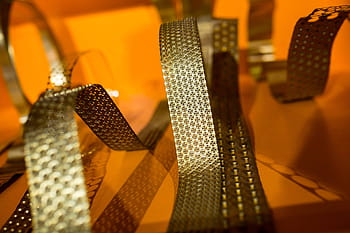 dobrado, dourado, metal, laranja, plano de fundo, arte, exposição, instalação, torcido, decoração, ninguém