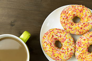 cup, coffee, iced, donuts, Cup of coffee, food/Drink, food, donut, snack, dessert, gourmet