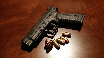 black, pistol, bullets, brown, surface, handgun, firearms, gun, weapon, ammo, shoot