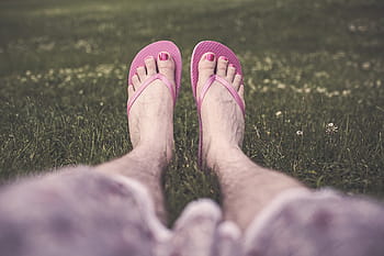 person, wearing, rubber flip-flops, sitting, grasses, pink, pedicure, flip, flops, lying, grass