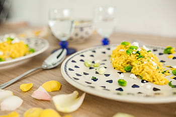 amplio, frijol, lindo, plato, azul, corazones, Risotto, frijol ancho, corazones azules, flores, amarillo