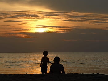 silhouette, man, boy, seashore, golden, hour, Sunset, Father, Son, Family, Beach, Sun