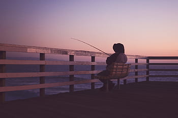 person, sitting, bench, holding, fishing rod, hooded, jacket, fishing, twilight, people, man