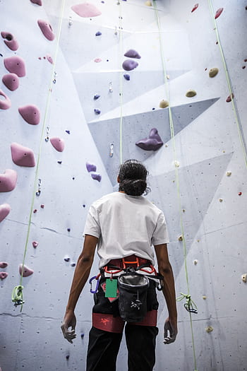 indoors, rock climber, wall, climb, exercise, fitness, sport, person, man, perspective, ropes