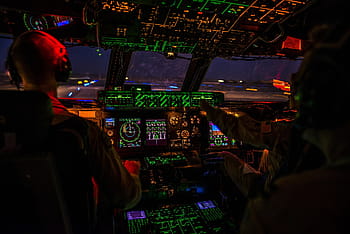 photography, plane control room, cockpit, night, airplane, aircraft, plane, flight, flying, aviation, sky