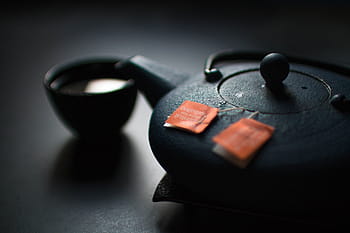 black, ceramic, teapot, teacup, surface, tea, tea ceremony, teabags, traditional, drinks, cups