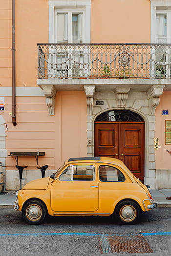 500, tua, vintage, Italia, Eropa, kuning, Mobil, transportasi, jalan, balkon, Klasik