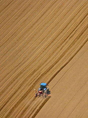 ptačí oko, prohlížení fotografie, zemědělský traktor, hnědý, pole, traktor, orba, zemědělství, pěstování, stroje, zemědělec