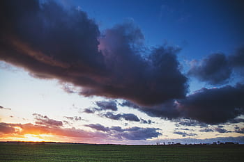 tramonto, crepuscolo, cielo, nuvole, campo, erba, paesaggio, natura, all'aperto, rurale, campagna