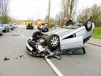 gray, sedan, turned, center, road, accident, auto, damage, vehicle, broken, total damage