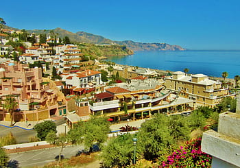 Nerja, Spain, Ocean, Nature, Outside, landscape, scenic, mountains, architecture, buildings, sky