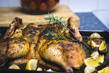 spatchcock citron kuře, spatchcock, citrónové kuře, cherry rajčata, kuře, zblízka, zdravý, Domov, kuchyně, citrón, maso
