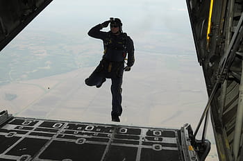 uomo, salto, aereo, paracadutismo, saltare, caduta, militare, formazione, alto, persone, paracadute