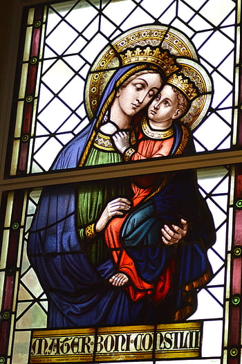 stained glass, window, church, sainte, woman, virgin, mary, child, arm, jesus, crowns