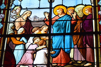 vetro colorato, colorato, finestra, Chiesa, bicchiere, bambini, mamme, Gesù, benedizione, mani, imporre