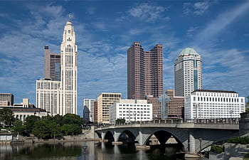 bridge, high, rise buildings, blue, sky, Columbus, Ohio, Ohio, City, Skyline, columbus, ohio, city