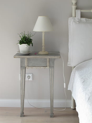 bianca, lampada da tavolo, pentola, grigio, di legno, tavolino, capezzale, comodino, lampada, Camera da letto, arredamento