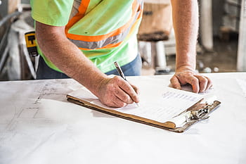 konstruktion, planer, mand, person, arbejder, industriel, bygning, planlægning, blueprint, notesblok, skrivning