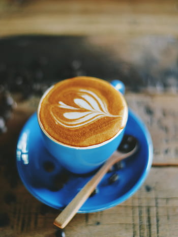 latte, foam art, blue, mug, cappuccino, froth, coffee, espresso, drink, steamed, milk