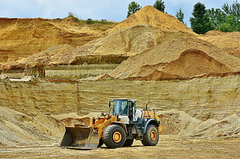 yellow, white, backhoe loader, Open Pit Mining, Sand, Raw Materials, removal, sandpit, truck, excavators, transport