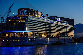 výletní loď, dok, v noci, papenburg německo, meyer werft, loď, loděnice, ems, stavba lodí, voda, osobní loď