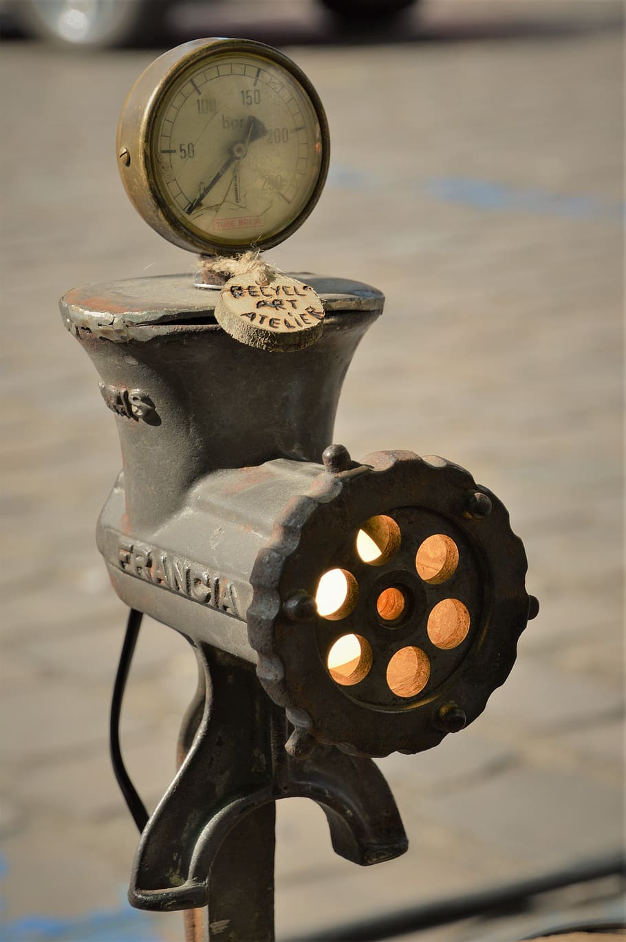 ornament, decoration, vintage, retro, light, exhibit, butcher, chopper, old, recycling, crafts