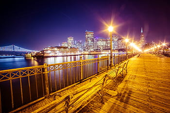 garis langit san francisco, malam, Tua, Dermaga, San Francisco, Kaki Langit, Jembatan Bay, di Malam Hari, arsitektur, bangku, jembatan