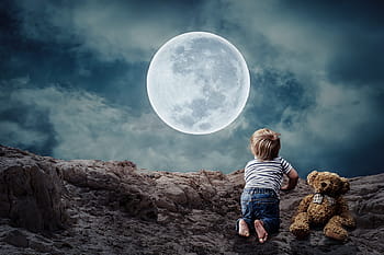 boy, bear, plush, looking, moon, good night, small child, little boy, teddy bear, full moon, child
