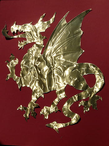 Dragon, Cute, Golden, Paper, Cut, Cut Out, paper, claw, wing, spit fire, colored background, studio shot