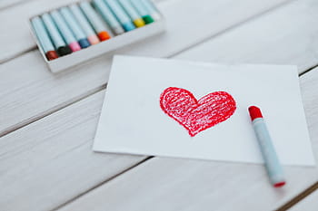sedikit, gambar, jantung, seni, cinta, merah, krayon, valentine, tercinta, kekasih, Bentuk hati