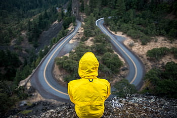 giallo, giacca, impermeabile, persone, rurale, avvolgimento, strada, forcina, campagna, scogliera, natura
