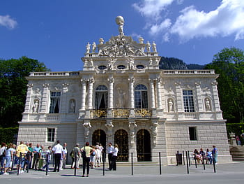 lidé, chůze, přední, bílý, beton, budova, hrad, palác linderhof, architektura, pohádkový hrad, umění