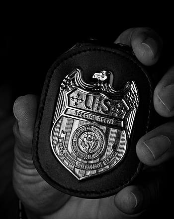 fotografie ve stupních šedi, vlevo, odjet, hospodářství, policejní odznak, ncis, odznak, ruka, makro, detail, vyšetřovací službu, činidlo