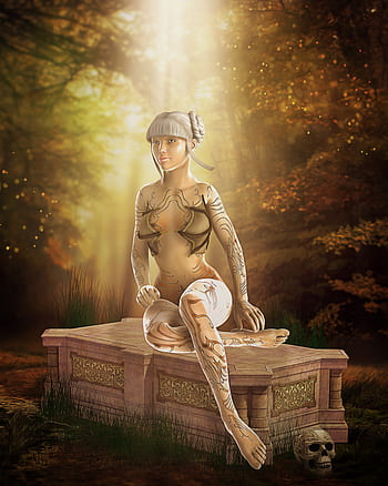 gothic, fantasy, dark, woman, female, young, beauty, tattooed, inked, lady, wood