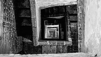 fotografie ve stupních šedi, schodiště, schody, spirála, perspektivní, dolů, vzor, beton, Černý a bílý, černobílý, ve stupních šedi
