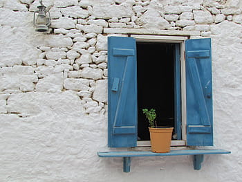 brown, flower pot, wall, mount, rack, window, karpathos, greece, greek island, santorini, sea