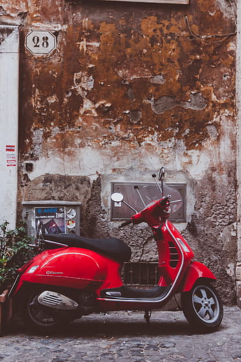 Červené, motorový skútr, zaparkováno, zeď, vespa, zábava, kult, vozidlo, moped, flitzer, retro