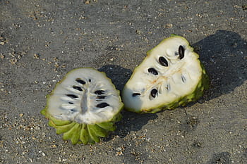 two, slices, soursop fruits, custard apple, fruit, tropical, food, healthy, sweet, seeds, sugar apple