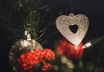rot, Kugeln, neben, Lichterketten, Ornament, grau, Herz, Zahl, Weihnachten, Ornamente, Dekorationen